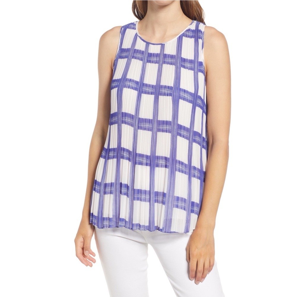 ❤️ Halogen Sleeveless Pleated Georgette Top in Ivory- Blue Plaid, Large ❤️ F3